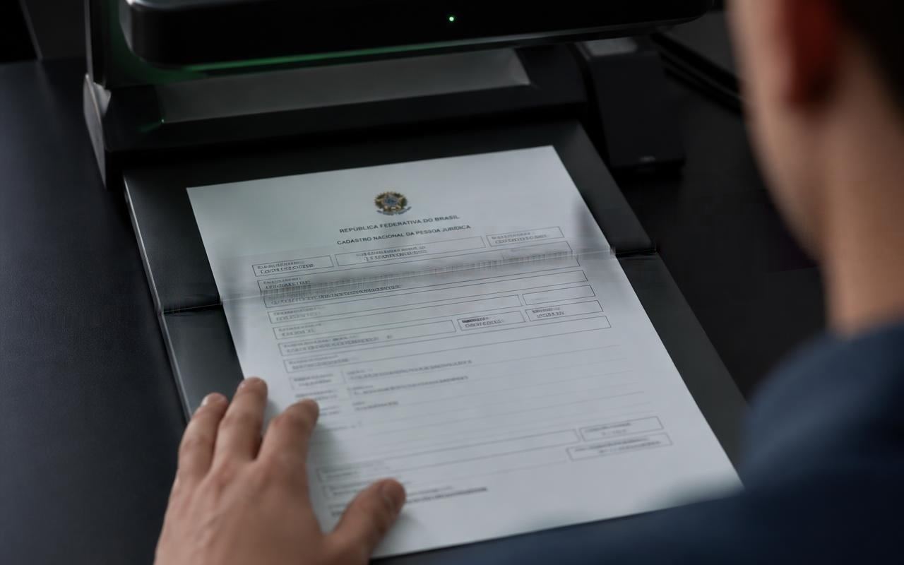 Documento oficial de empresa sendo digitalizado por um scanner profissional